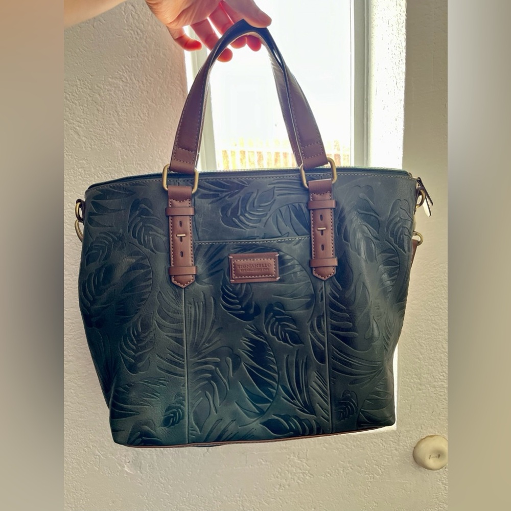 Tignanello Leather Shoulder Bag Handbag Purse Dark Green / Brown
